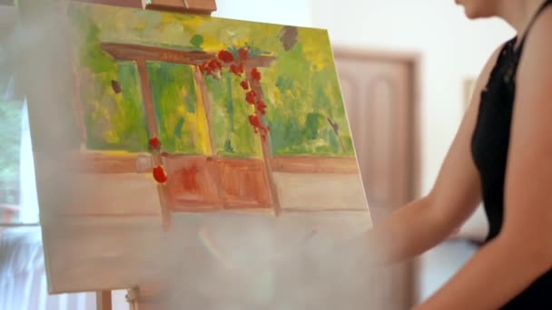 Close Shot Female Artists Hand Holding Paint Brush Malarstwo Olejne — Wideo stockowe