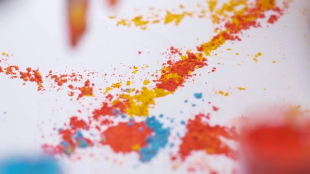 Close Kid Hands Taking Colorful Holi Powder Plate Festival Celebrations — Vídeo de stock