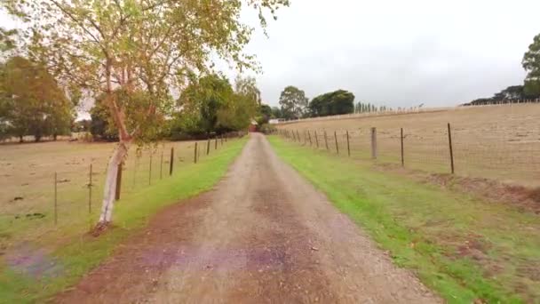 Uma Estrada Terra Agrícola Leva Uma Antiga Fazenda Meio Campos — Vídeo de Stock