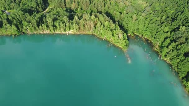 Aerial Top Flight Amazing Small Lake Perfectly Shape Cloudy Sky — Vídeos de Stock