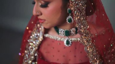 Güzel bir Hintli Gelinin düğününe girerken çekilmiş fotoğrafı. Hindistan 'da Hindistan Düğününde Gelinlik Mücevherlerini gösteren bir fotoğraf.