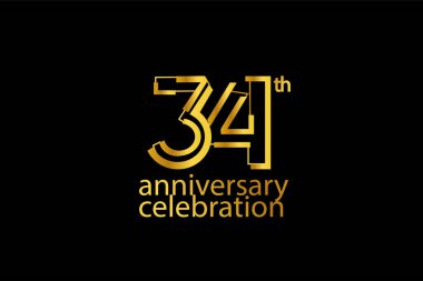 34 'üncü yıl dönümü kutlaması soyut tarz logoti. Siyah arkaplanda izole edilmiş altın rengi ile yıldönümü