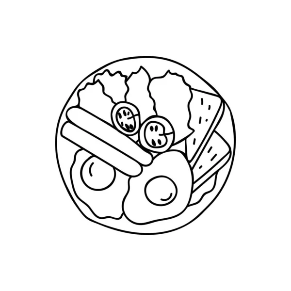 Жареные Яйца Колбасками Овощами Поджаренным Хлебом Тарелке Рисунок Каракули Векторе — стоковый вектор