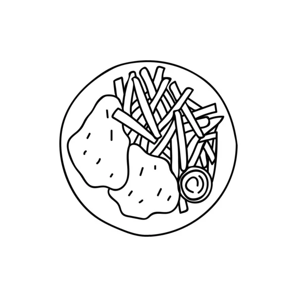 Ψητή Μπριζόλα Κοτόπουλου Τηγανητές Πατάτες Στο Πιάτο Doodle Εικονογράφηση Διάνυσμα — Διανυσματικό Αρχείο