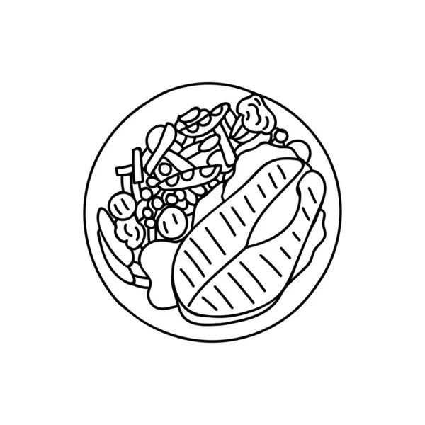 Гриль Лосось Овощами Тарелке Рисунок Каракули Векторе Жареный Лосось Овощами — стоковый вектор