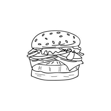 Vektör olarak Burger doodle çizimi. Hamburgerin el çizimi çizimi. Hamburger çizimi