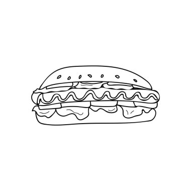 Sosisli karalama çizimi. Sosisli el çizimi. Vektörde hot dog doodle simgesi