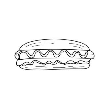 Sosisli karalama çizimi. Sosisli el çizimi. Vektörde hot dog doodle simgesi