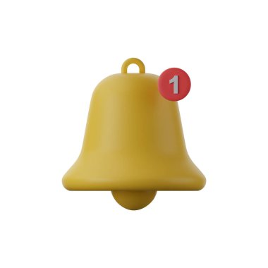 Beyaz arkaplanda 3D uyarı çanı simgesi izole edildi. Sosyal medya hatırlatıcısı için yeni tebligat içeren sarı zil.