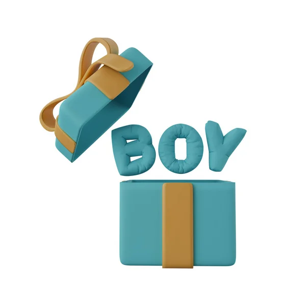 男孩文本气球在打开的礼品盒 打开装有男孩气球词3D插图的礼品盒 这是个男孩的祝贺 — 图库照片