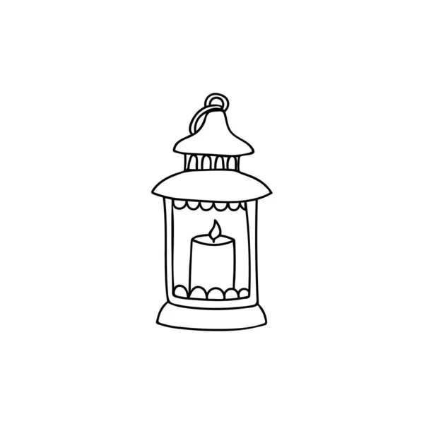 Antica Lanterna Con Candela Doodle Vettoriale Illustrazione Portacandele Con Candela — Vettoriale Stock