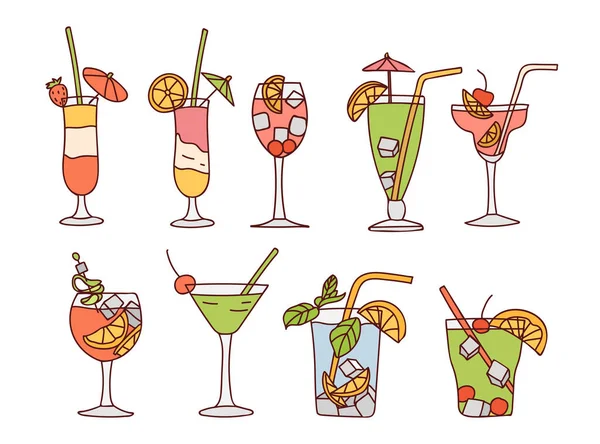 Cold Summer Cocktail Colorful Doodle Illustration Set Vector Cocktail Illustrations — Stock Vector
