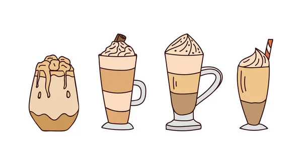 Eiskaffee Mit Milch Buntes Doodle Illustration Vektor Eingestellt Eiskaffee Mit — Stockvektor