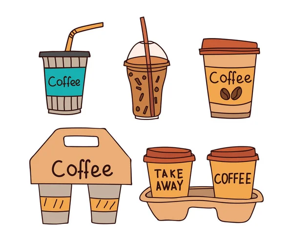 Kaffeetassen Zum Mitnehmen Bunte Kritzelillustrationen Vektor Gesetzt Kaffeetasse Mitnehmen Bunte — Stockvektor