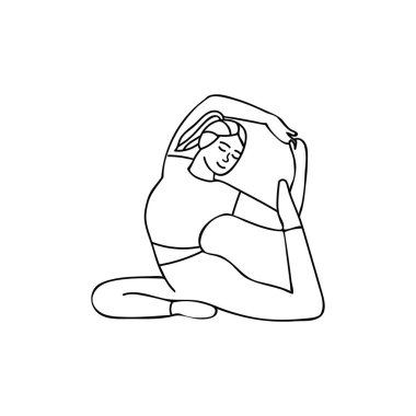 Yoga, vektörde karalama çizimi yapar. Yoga vektörde el çizimi simgesi oluşturur. Çizgi çizimi yapan bir kadın. Yoga karalama yapan kadın.