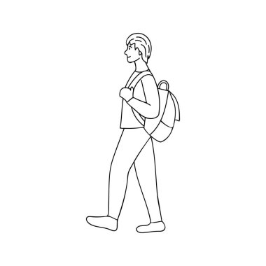 Sırt çantasıyla gezen genç bir erkek öğrencinin karalama çizimi. Sırt çantalı genç adam vektör olarak el çizimi simgesiyle yürüyor.