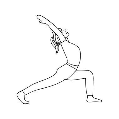 Elinin üstünde duran genç bir kadın yan görüş önünde yoga egzersizi yapıyor. Ellerinin üzerinde yoga egzersizi yapan bir kız vektör simgesini karalıyor..