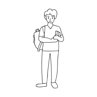 Bir elinde sırt çantası olan ve elinde başka bir el görüşü olan genç bir erkek öğrencinin karalama çizimi. Sırt çantası ve el kitabı ile vektör simgesi çizilmiş genç adam.