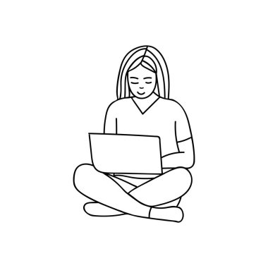 Kadın yerde oturuyor ve vektör olarak bilgisayar karalama çizimi üzerinde çalışıyor. Genç kız yerde oturuyor ve dizüstü bilgisayarla vektör olarak simge çiziyor..