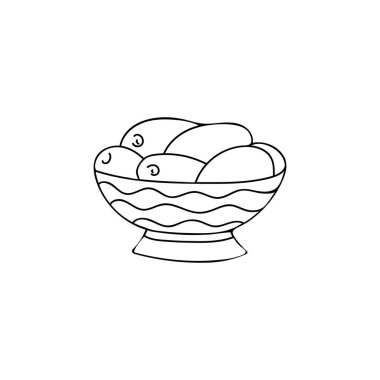 Doğu kâsesinin içindeki meyveli karalama çizimi vektörüyle. İslami konsept el çizimi, kasenin içinde hurma meyveleri var.