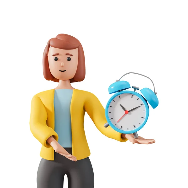白い背景に隔離されたアラームクロックを保持する3D女性キャラクター 目覚まし時計と大人の女の子の文字とビジネスコンセプト — ストック写真