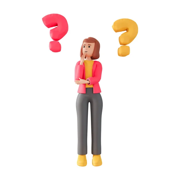 3D illustration of thinking young woman looking at question mark. Woman hesitatingly looking at question mark 3d illustration isolated on white background.