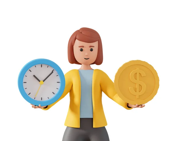 年轻女子3D角色手持时钟和硬币 节约了时间和金钱 3D成年女子手持银币和时钟的图片 背景为白色 — 图库照片