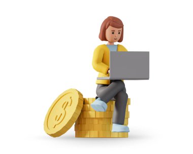 3d woman character sitting on golden money coins and working on laptop. Business and finance concept 3d illustration with young woman sitting on coins and working on computer