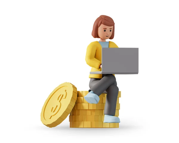 3D女性キャラクター黄金のお金のコインに座って ラップトップで作業します ビジネスと金融の概念コインに座ってコンピュータ上で働く若い女性と3Dイラスト — ストック写真