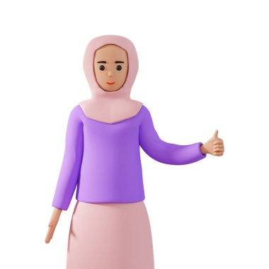 Muslim woman in hijab show thumb finger up 3d illustration isolated on white background. 3d illustration of muslim woman with thumb up