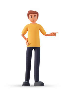 3d illustration of man in yellow t-shirt point to somewhere isolated on white background. 3D young male character pointing to something.