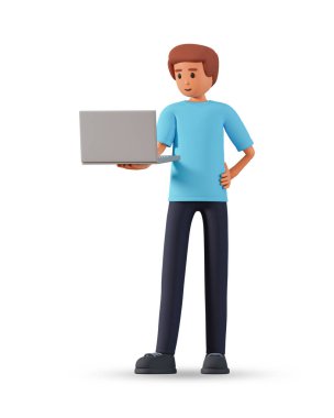 Man standing full length hold laptop 3d illustration isolated on white background. Business concept 3d illustration with young male holding laptop