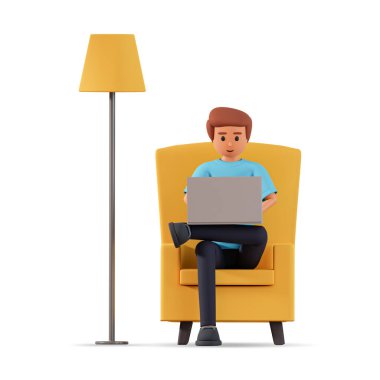 Man sitting on armchair and working on laptop 3d illustration isolated on white background. Business concept with young man sitting on armchair working on computer and floor lamp standing near him