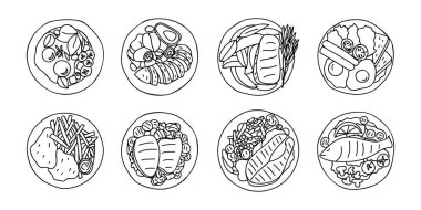 Meal served on plate top view doodle icons set in vector. Hand drawn fried meal illustrations collection