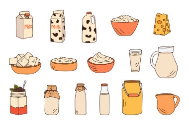 Milk products colorful doodle illustrations collection. Hand drawn milk products icon set. Dairy products illustrations collection 