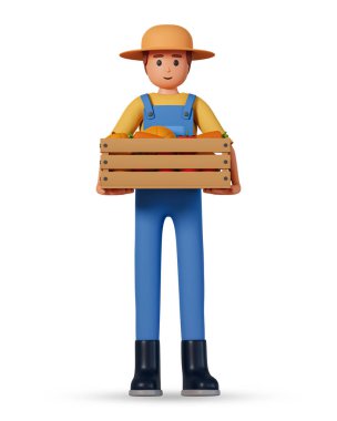Farmer in overalls, hat and rubber boots hold wooden box with vegetables front view 3d illustration isolated on white background. 3d illustration of gardener man hold wooden box full of vegetables