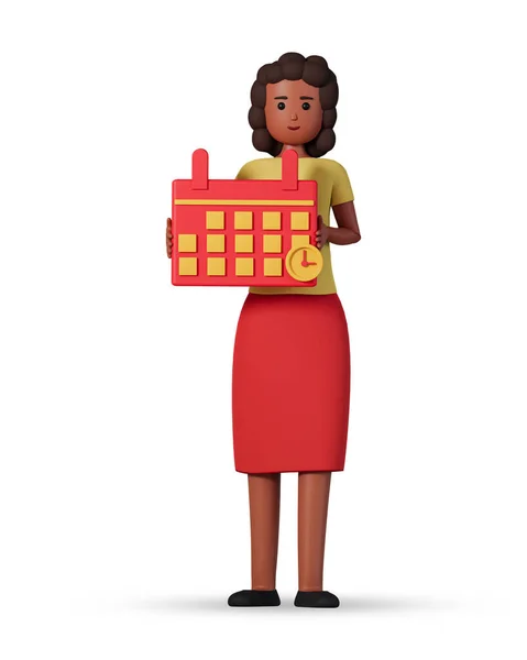 African american woman holding calendar 3d illustration isolated on white background. Time management concept with 3d afro american girl holding big calendar