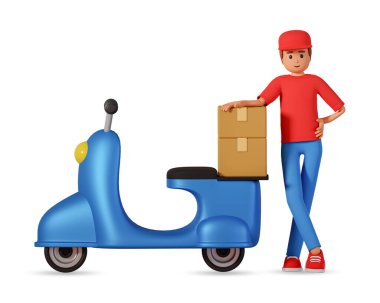3d illustration of courier stand near motor scooter and boxes. Logistics concept with delivery man in cap near boxes and motorcycle