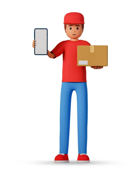 3d illustration of courier holding box and smartphone. Online delivery concept with standing courier in cap hold shipment and cell phone