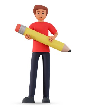 Young man hold big pencil 3d illustration isolated on white background. 3d character of adult boy holding big pencil on hand 