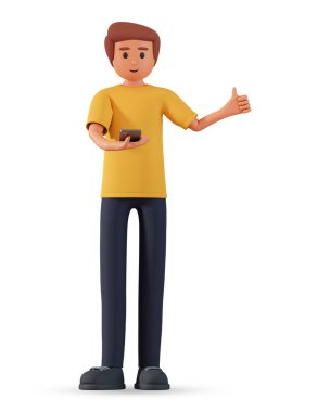 Man holding smartphone and showing  thumb finger up 3d illustration isolated on white background. Network communication concept with 3d man character with cell phone and showing thumb finger up