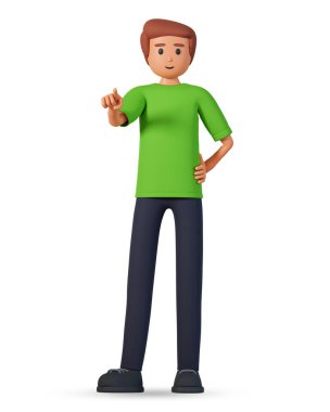 3d illustration of man in green t-shirt point to front isolated on white background. 3D young male character pointing to front
