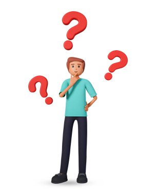 3D illustration of young man and three question marks around him. Man character hesitatingly looking at question marks 3d illustration isolated on white background