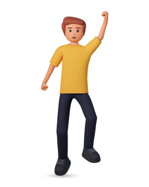3d illustration of young man jumping with one hand up isolated on white background. Happy man jump 3d illustration