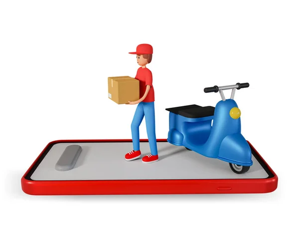 Courier in cap with motor scooter hold parcel and stand on big cell phone 3d illustration. Online delivery concept with man courier holding box standing with scooter on big smartphone
