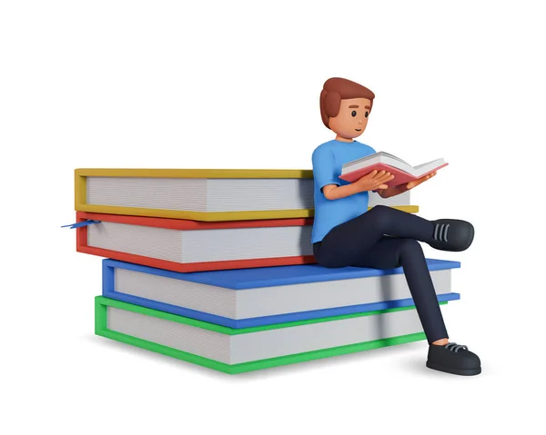 Man Illustration Reading Book Sitting Pile Big Books Isolated White — Stockfoto