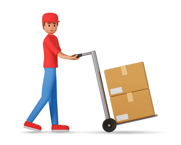 Courier Άνθρωπος Πιέζει Handcart Κουτιά Εικόνα Απομονώνονται Λευκό Φόντο Logistics — Φωτογραφία Αρχείου