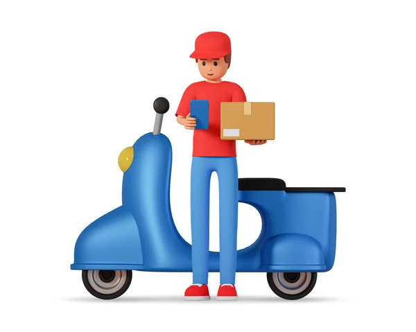 Courier in cap stand near motor scooter hold parcel and checking cell phone 3d illustration. Courier delivery concept with man standing in front of motor scooter and hold box and smartphone