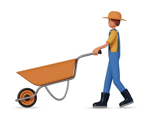 Farmer in overalls, hat and rubber boots pushing wheelbarrow 3d illustration isolated on white background. 3d illustration of farmer man push wheelbarrow