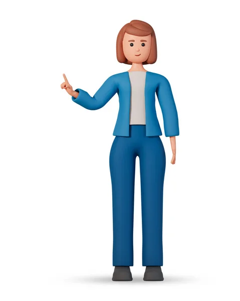 stock image 3d illustration of woman in costume point to somewhere isolated on white background. 3D adult girl character pointing to something.